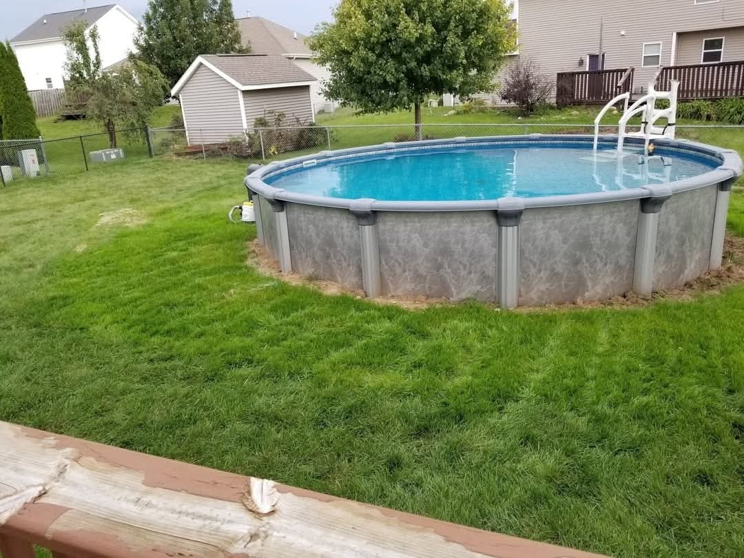 After: thick green lawn around the pool