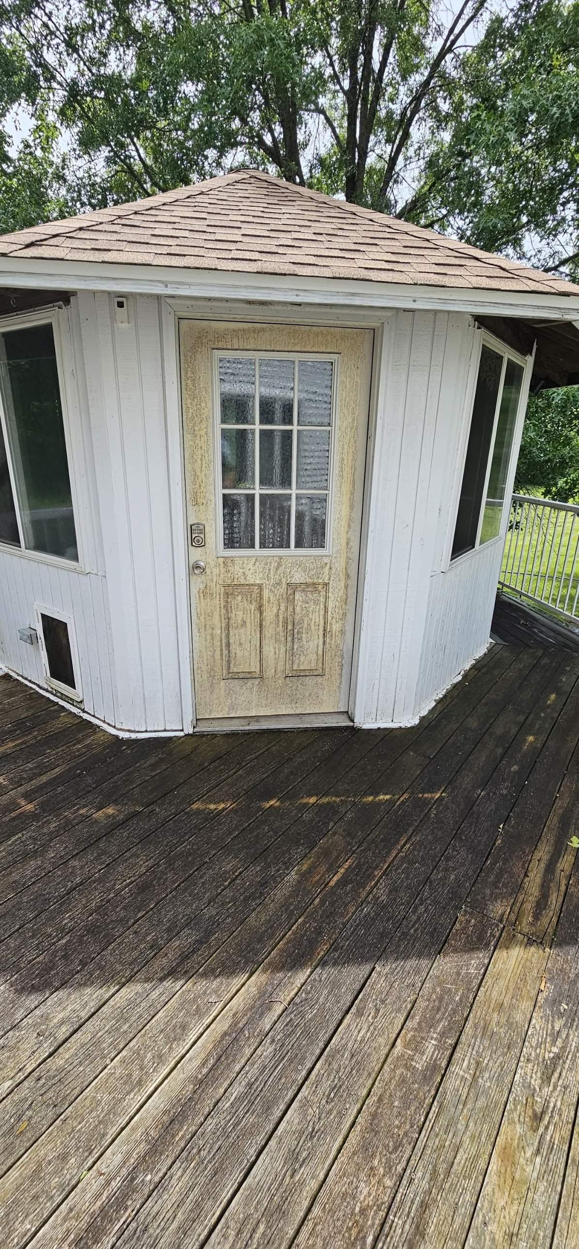 Mildew-stained door and deck before soft washing